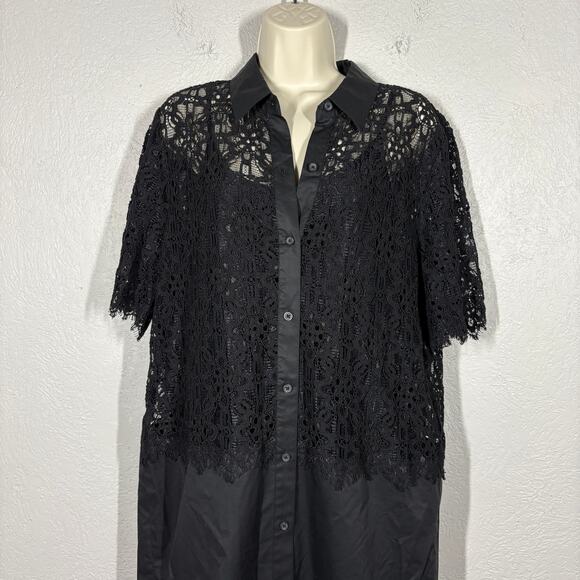 Vintage Y2K DKNY Lace Shirt Dress Black Casual Modest Elbow Sleeve Slip Lined L - Picture 5 of 8